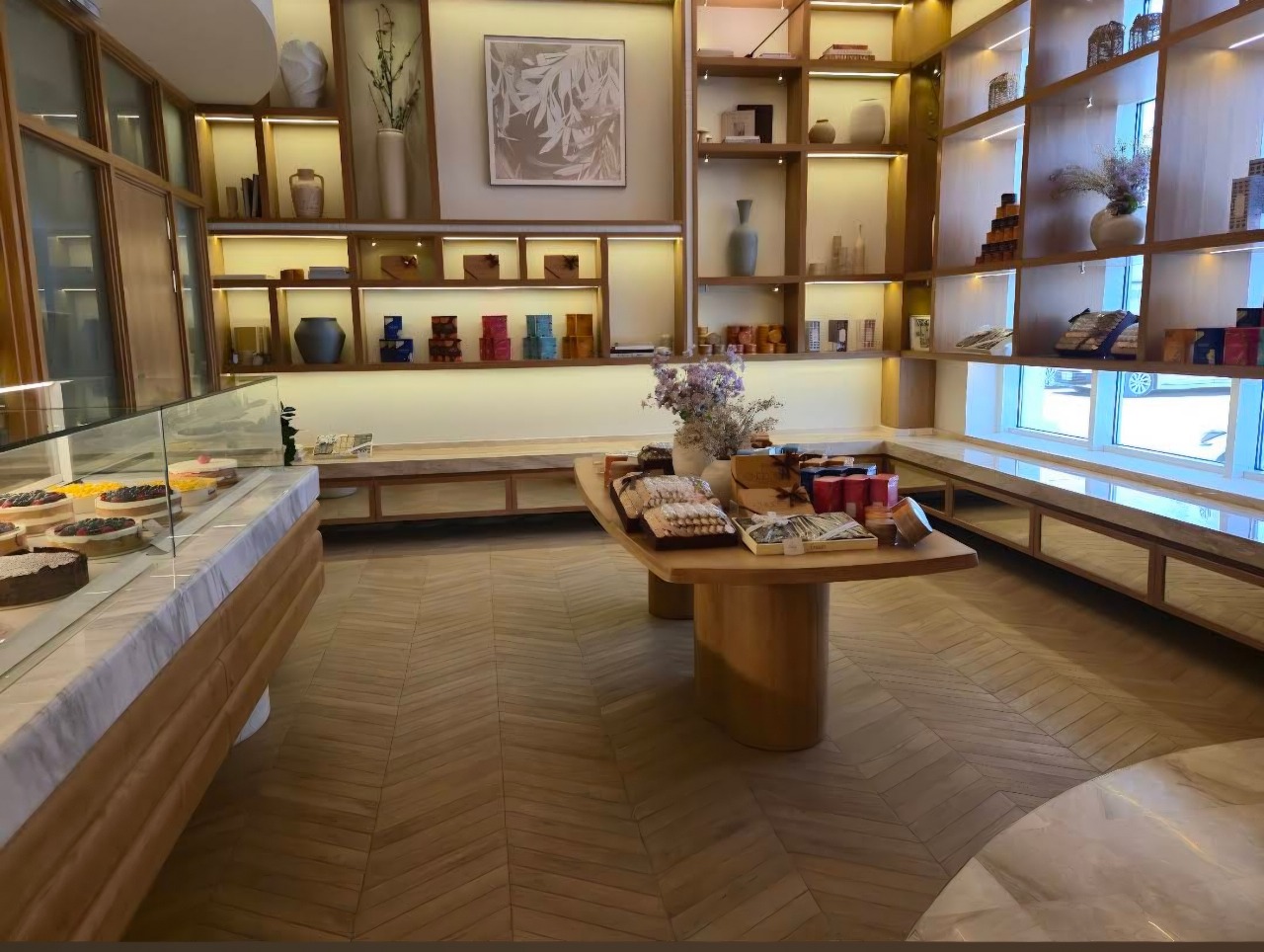 Ganache retail floor with herringbone timber and product display table